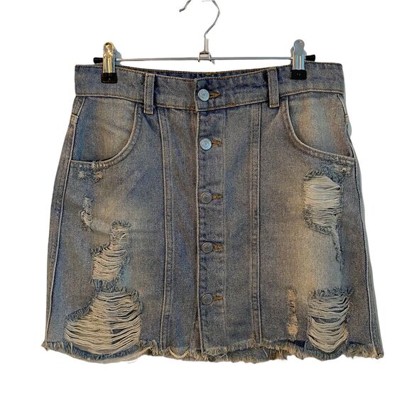 Free People Dresses & Skirts - Free People Distressed Denim Jean Skirt Holes Raw Hem Button Front NO SIZE